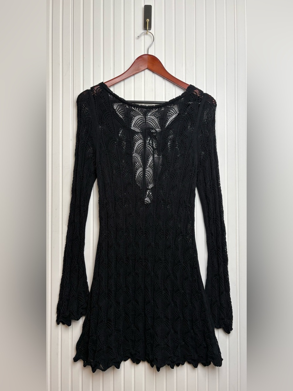 Wild Fable Crochet Black Mini Dress L Whimsigoth Flare Sleeve Witchy Goth Vamp